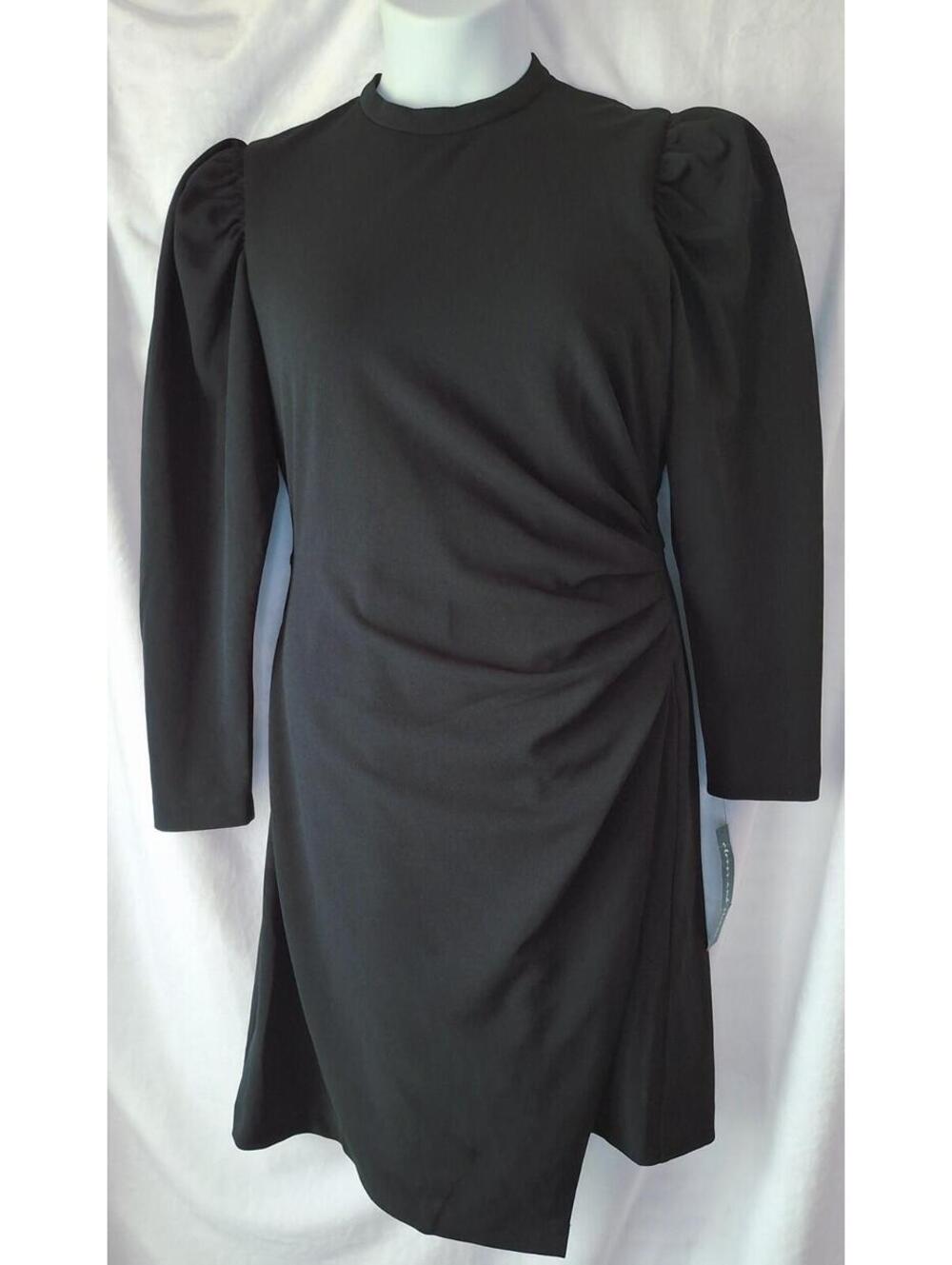 Clover & Sloane Blk Long Sleeve Mock Neck Side Ruched Asym Hem Women's Dress 10 - Picture 1 of 9